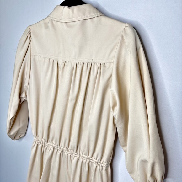 60s Melissa Lane Vintage Shirt Dress Size L Beige Drawstring Waist Puff Sleeve‎ - Picture 9 of 12